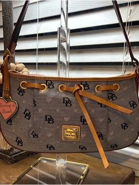 Dooney & Bourke Brown Logo Canvas Shoulder Bag with Tan Trim